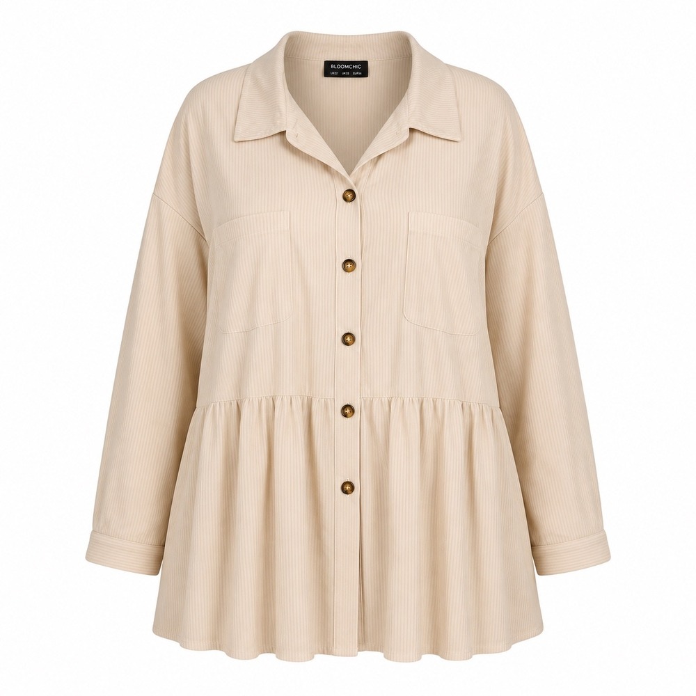 Bloomchic Corduroy Peplum Shirt 26 Beige Button Down Ribbed Shacket Boho Casual